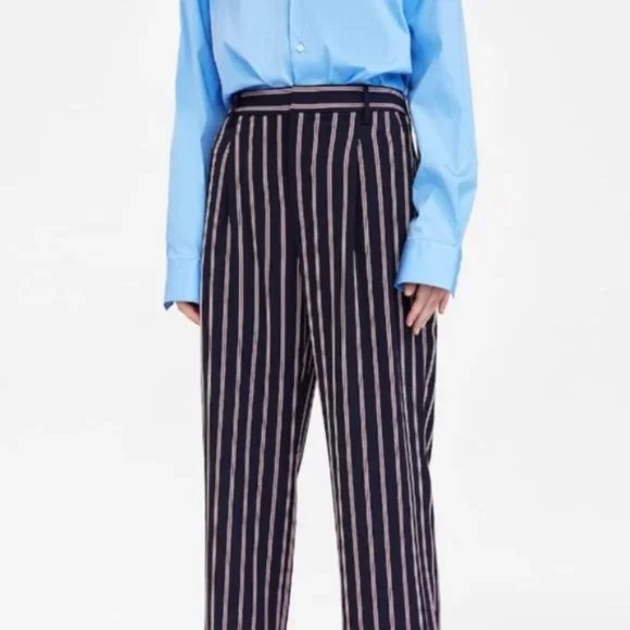 Zara Dress Pants S Trousers Navy Blue Striped Baggy Fit - Picture 4 of 13